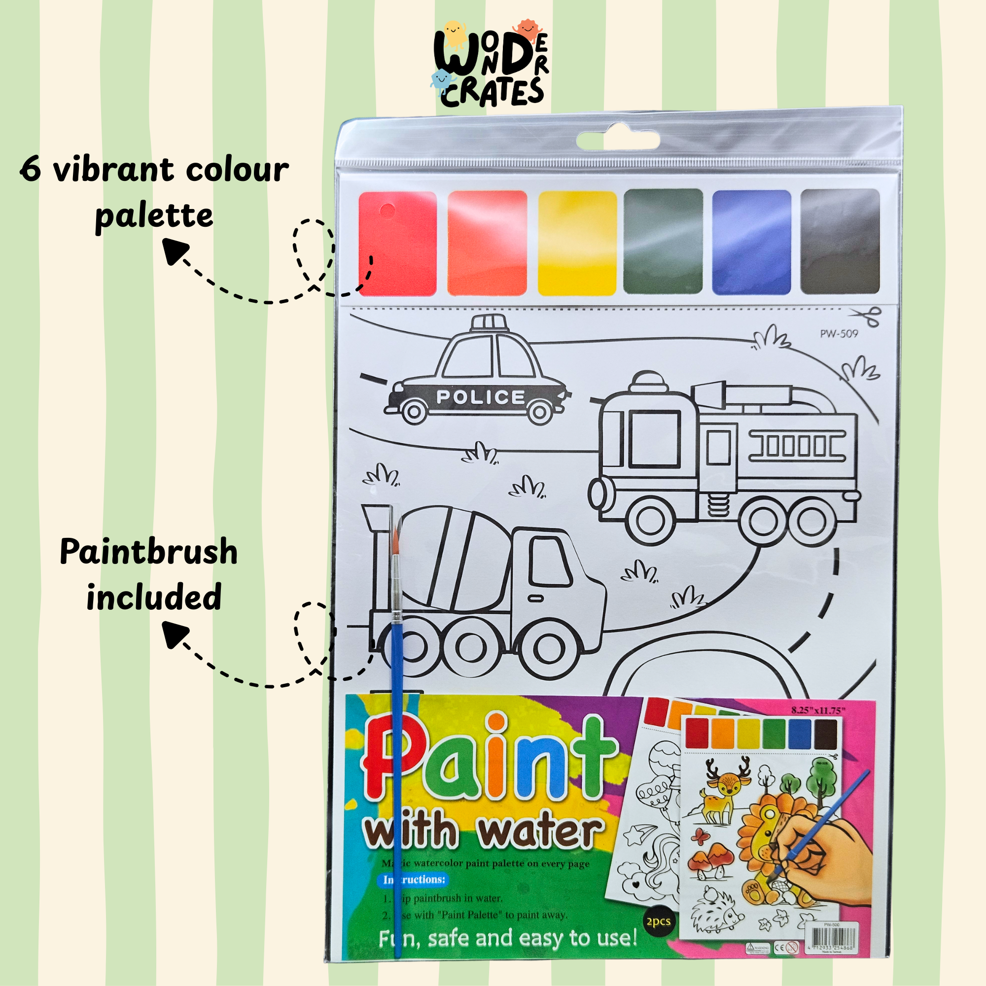 Vehicles Paint with Water Sheets (2-Sheet Set) – Includes Brush & Paint Palette