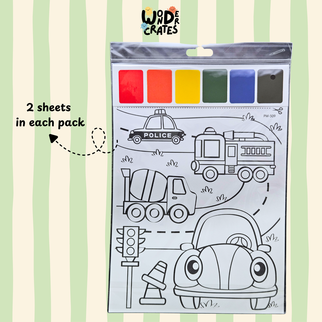 Vehicles Paint with Water Sheets (2-Sheet Set) – Includes Brush & Paint Palette