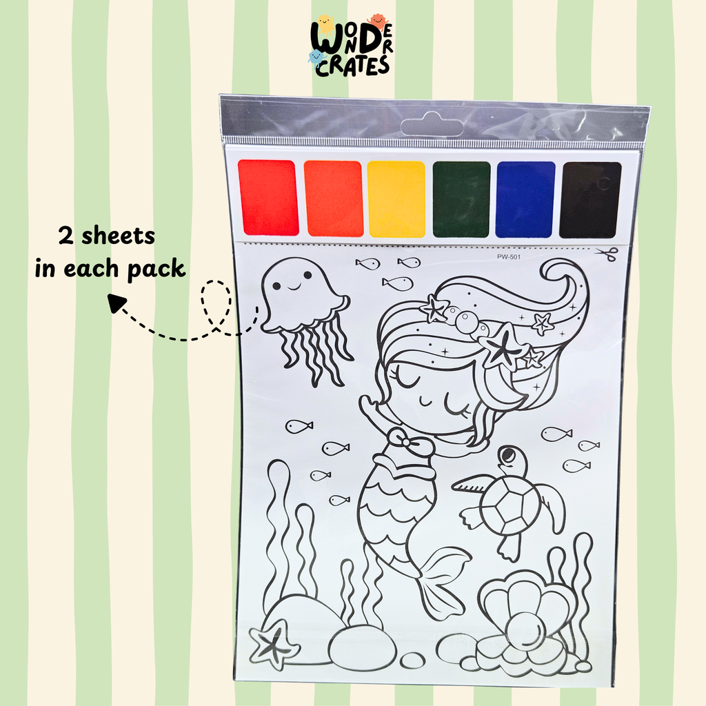 Mermaid Paint with Water Sheets (2-Sheet Set) – Includes Brush & Paint Palette